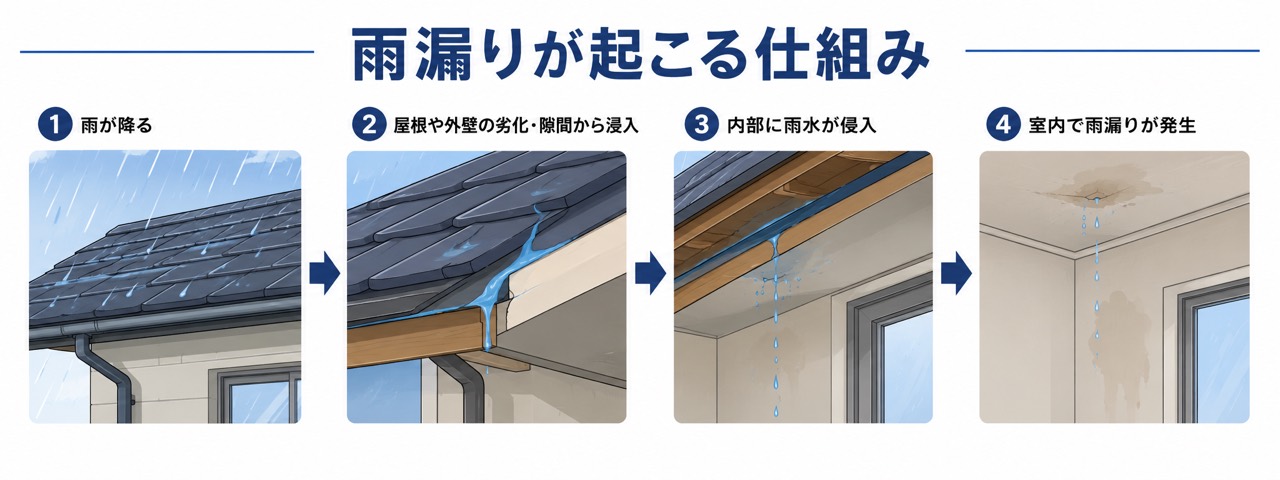 屋根や外壁から室内へ雨漏りが発生する仕組み