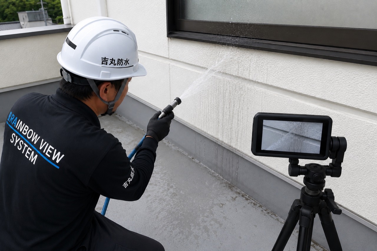 株式会社吉丸防水がレインボービューシステムで外壁を調査する様子